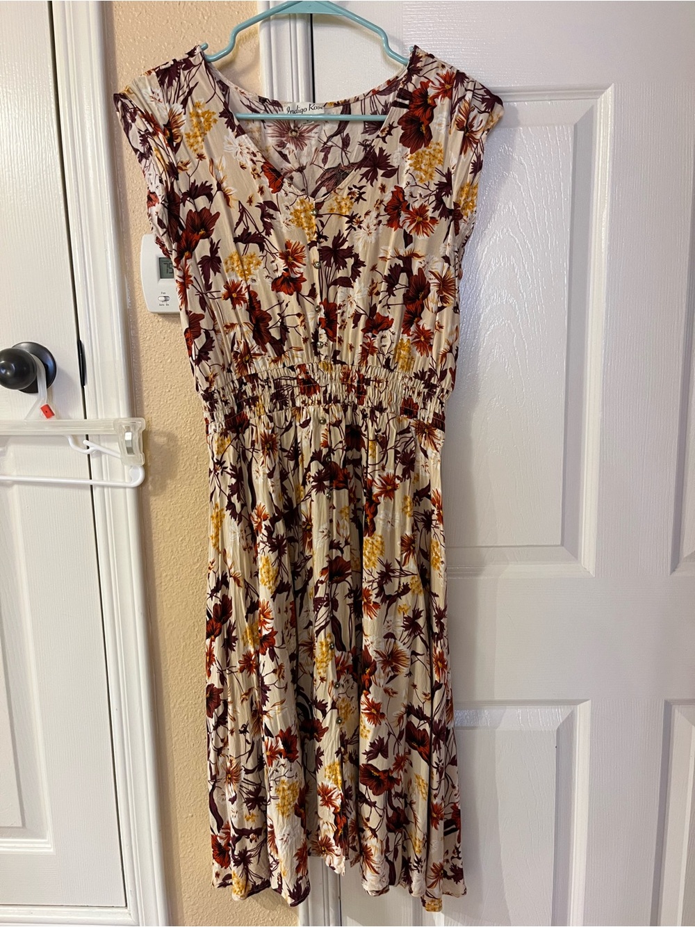 Floral Shirred Waist Midi Dress in Cream and Rust